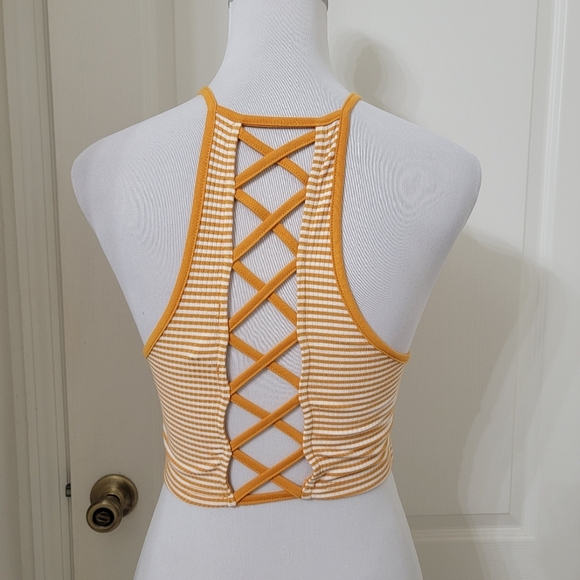 Forever 21 Golden Yellow & White Striped Criss Cross Ladder Back Cropped Tank - Picture 3 of 12